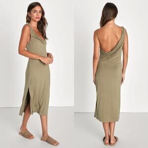 Lulus My Best Side Olive Green Asymmetrical Cowl Neck Midi Dress